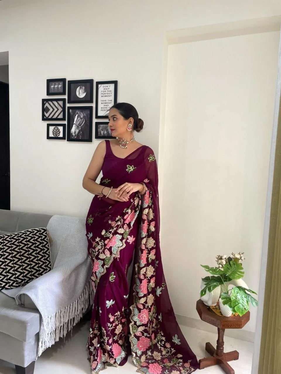 Designer Floral Sequin & Multicolour Embroidered Georgette Saree with Satin Banglori Blouse (Maroon)